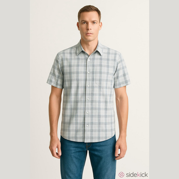 Van Heusen shirt blue white plaid XL (17-17.5) short sleeve button down collar - Picture 1 of 16